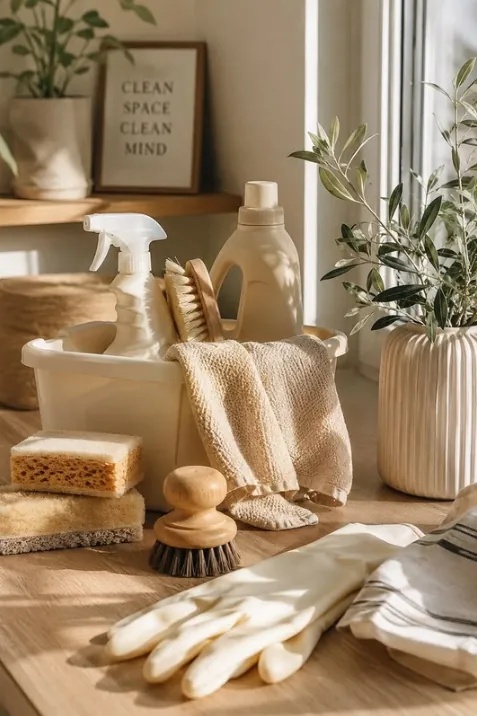 Cleaning caddy with a spray bottle, sponges, brush and cloths on a wooden worktop